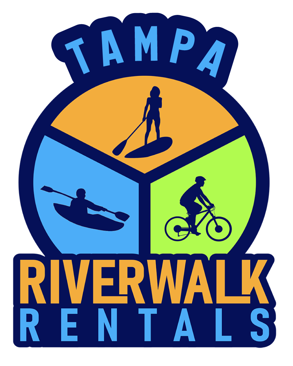 Tampa Riverwalk Rentals logo with kayak, paddleboard, and bicycle icons.